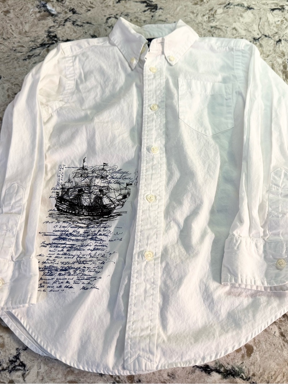 Ralph Lauren White Boys Button-Down Shirt with Navy Nautical Ship Print